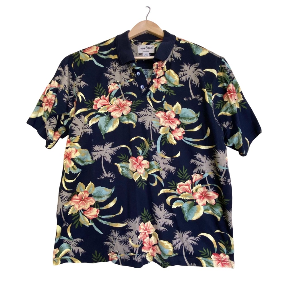 Cooke Street Mens Large Polo Shirt Navy Blue Tropical Floral Hibiscus 0961/2443
